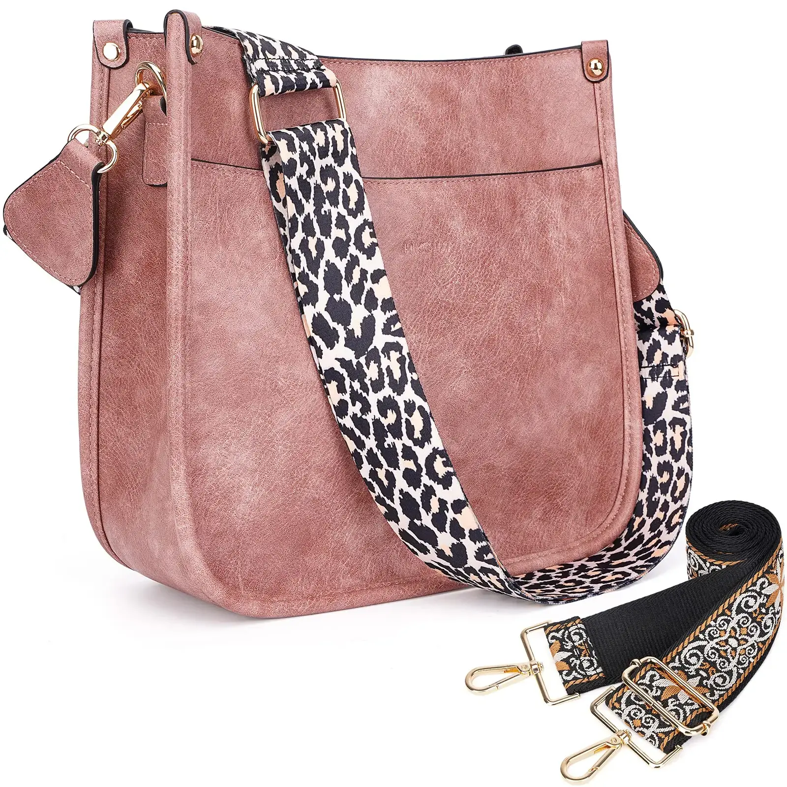 Vegan Leather Women Crossbody Hobo Bag with 2 Adjustable Printed Wide Straps, Magnetic Closure Large Shoulder Messenger Bag