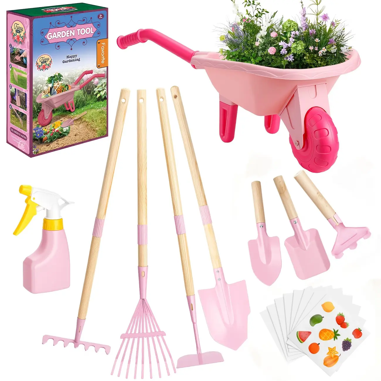 Children's gardening set with wheelbarrow, real metal garden tools, suitable for children aged 3-8, 4 long-handled tools, 3 hand tools, manual, outdoor backyard toy, suitable as a gift for children