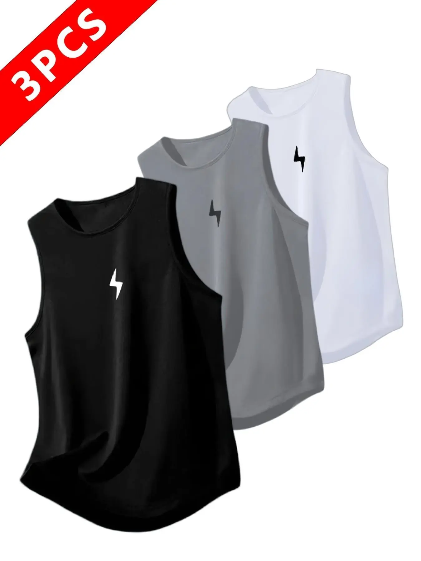 3-Pack Men's Lightning Bolt Print Quick Dry Tank Tops, Breathable Sleeveless Athletic Shirts, Sleeveless Vest, Casual Workout Gym Tops for Fitness, Running & Daily Wear
