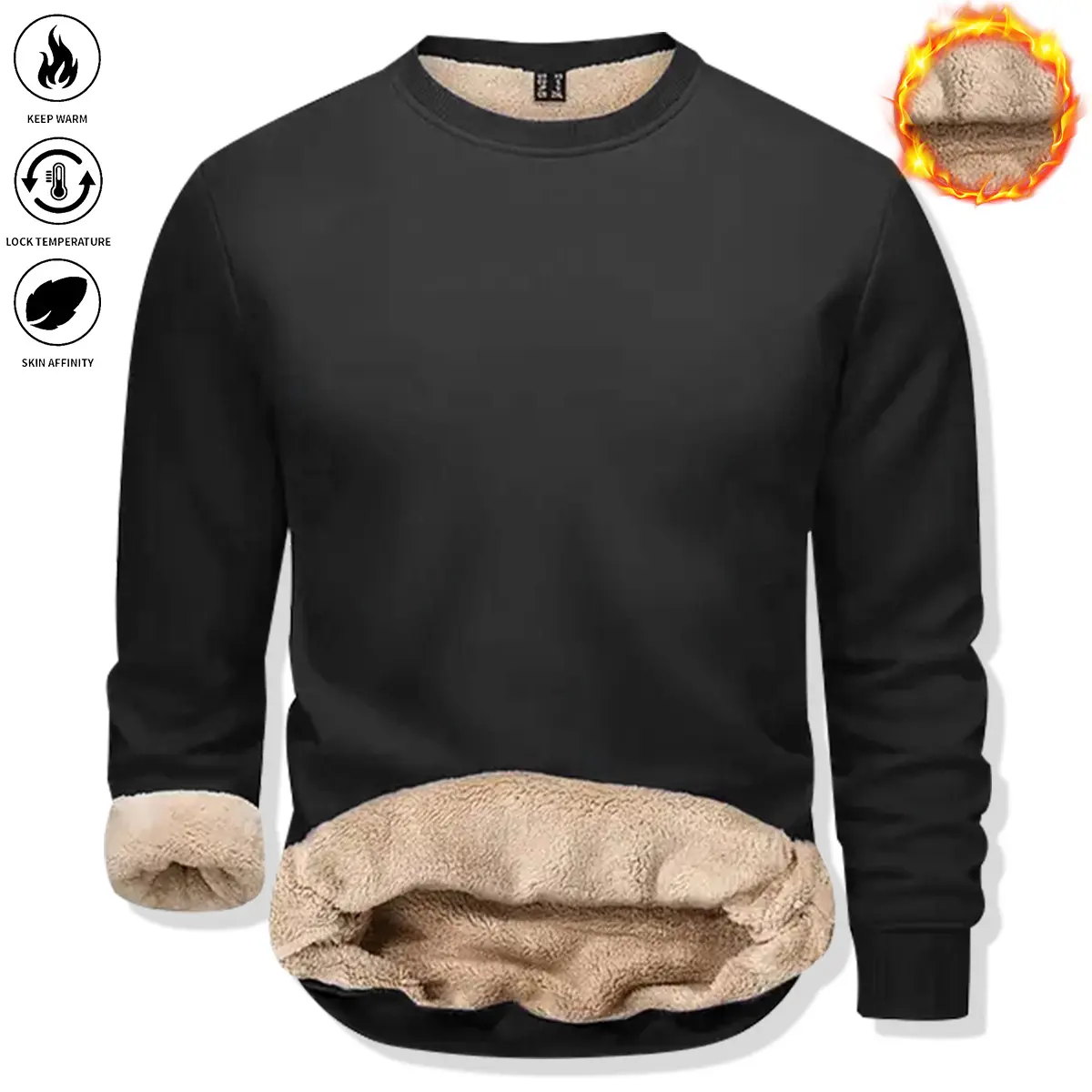 Men's Faux Lambswool Lined Crew Neck Sweatshirt, Casual Windproof Long Sleeve Pullover Top for Autumn Winter, Hoodie