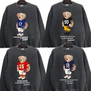 Gildan Dark Heather Football All Team Graphic  Sweatshirt Pullover Vintage Sport Varsity Crewneck, Teddy Bear Football Team Sweatshirt