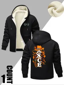 One Piece  Men's Full-Zip Anime Graphic Jacket, Warm Streetwear Outerwear with Flame & Hat Design, Casual Urban Fashion for Anime Fans & Cold Weather Wear