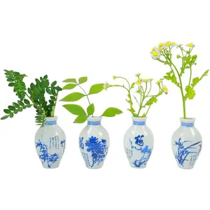 Handmade Real Vase Magnets for Fridge Holding Water, 3 Inch Ceramic Vintage Magnet Vases for Refrigerator, 2in1 Blue and White Vase Magnets for Pantry Home Kitchen Office Decor Gift 4Pcs