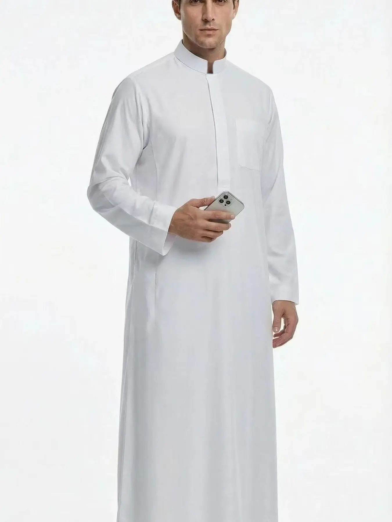 Islamic Arabic Traditional Clothing, Ramadan Festival Celebration Wear, Classic Business Men's Collared Thobe, Muslim Thobe, Simple Style Gift Choice