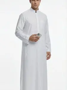 Islamic Arabic Traditional Clothing, Ramadan Festival Celebration Wear, Classic Business Men's Collared Thobe, Simple Style Gift Choice, Traditional Arabic Robe