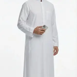 Islamic Arabic Traditional Clothing, Ramadan Festival Celebration Wear, Classic Business Men's Collared Thobe, Simple Style Gift Choice