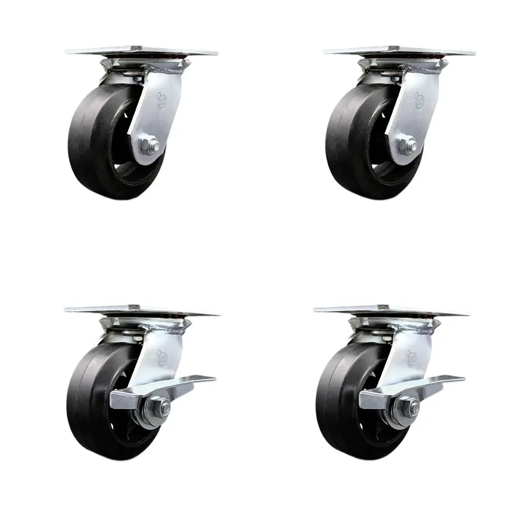 Service Caster SCC-35S520-RSB-2-SLB-2 Heavy Duty Large Top Plate Swivel Castors, Rubber-on-Cast Iron, Maintenance-Free Double Ball Bearing Heat Treated Raceways, 5x2 in. Black Wheels, 1600 lbs Capacity, Set of 4 for Dollies, Warehouse Industrial Equipment