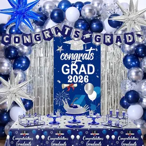 Graduation Decorations 2026 Blue and Silver, Graduation Party Decorations Class of 2026 Navy Blue Congrats Grad Banner, Tablecloth Star Foil Balloons Grad