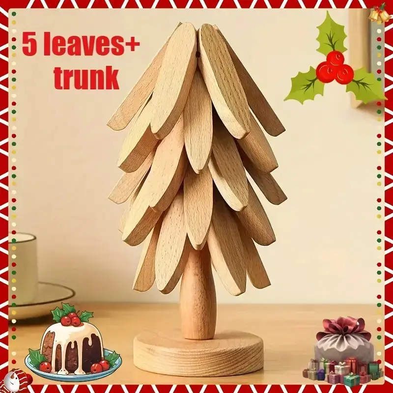 Solid Wood Heat-Insulating Mats, Set of 5, Heat-Resistant Table Mats, Christmas Tree Design, Foldable Kitchen Trivets, Wooden Coasters, Ideal for Hot Dishes, Kitchenware