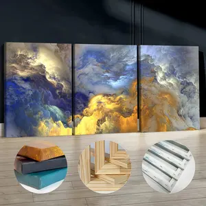 3Pcs Wooden Framed Canvas Painting, Abstract Golden And Blue Cloudscape, Exquisite Poster, Home Decoration, Pattern Wall Art Decor, For Living Room, Bedroom, Office, Restaurant, Bar Wall Decor, Odorless, Painting, Print Artwork.