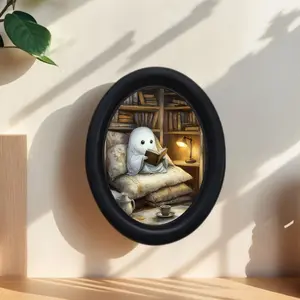 Gothic Style Wooden Oval Picture Frame Decorative Art Print, Ghost Reading Book, Swing Tree, 4.16x5.25 Inch, Wall & Desk Decoration