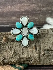 Handmade Sterling Silver Wedding Collection: Mother of Pearl with Kingman Turquoise Adjustable Ring "Signed Nizhoni"