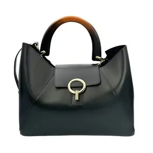 Claudia Firenze Isabela Nero Women's Black Leather Tote Bag with Wooden Handle & Gold-Tone Hardware - Italian Craftsmanship