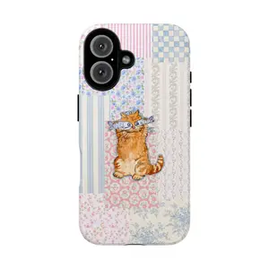 Funny Cat Phone Case Cottagecore Patchwork Quilt Aesthetic Cute Orange Cat Fish Glasses Cover for iPhone 17 16 15 14 13 12 11 Lightweight Shock Resistant TPU Protection