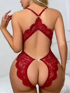 [HANOVER] Women's Transparent Deep V-Neck ,Jacquard Weave,Backless,Bow Decoration On The Chest,Floral Lace Criss Cross Crotchless,Heart Metal Buckle Decoration,Sexy Teddy Bodysuit,Scallop Trim,Adjustable Shoulder Strap,Women's Sexy Bodysuit