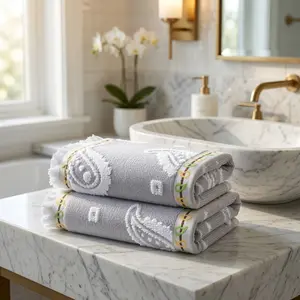 Nurex Grey Hand Towel Set of 2 Super Soft 100% Cotton Absorbent Paisley Pattren Jacquard Double-Faced Bath Hand Towels for Bathroom 13" X 29 Home Decorative