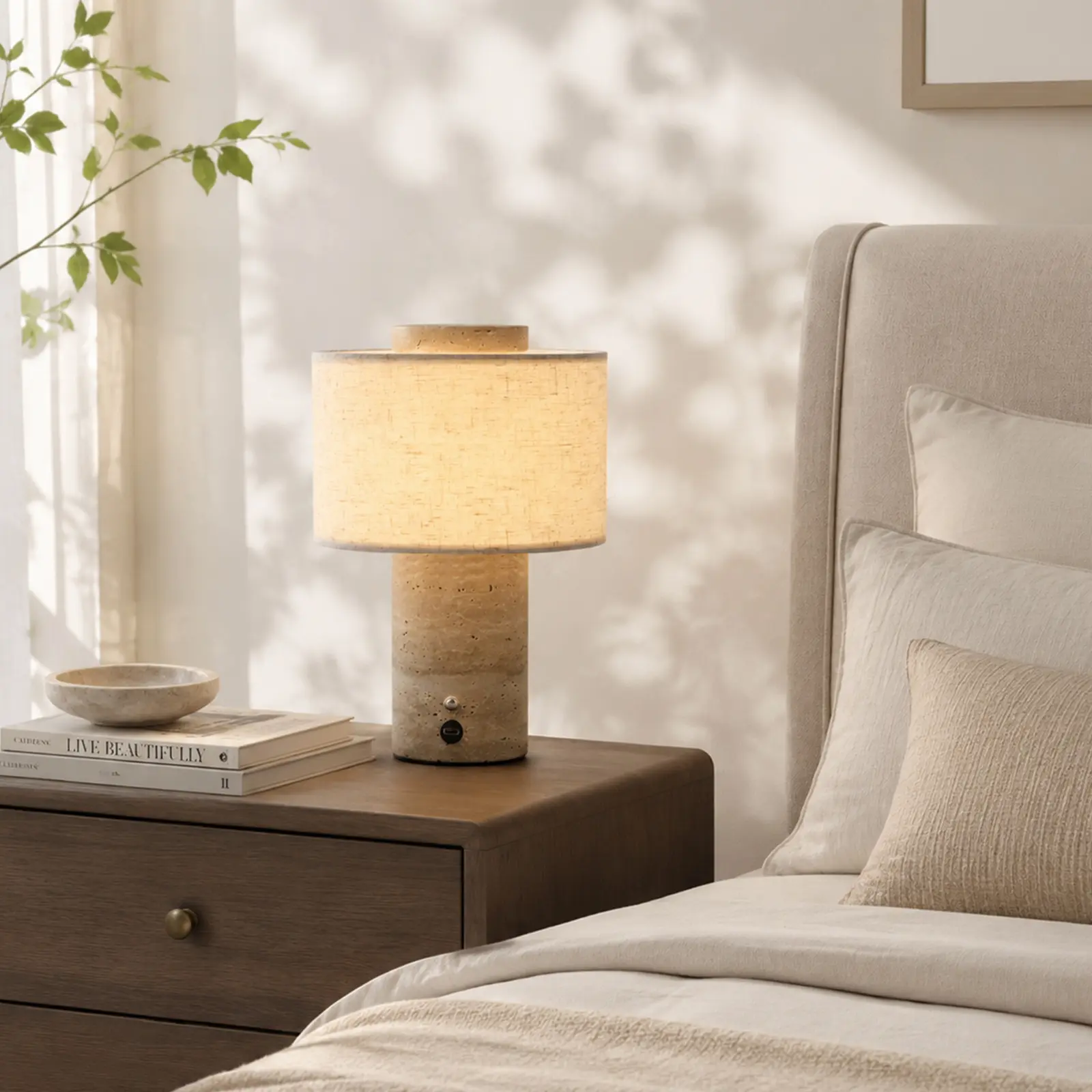 DEMILARE Modern Natural Stone Table Lamp - Natural Travertine/Panda/Volakas Marble Base, Cordless Rechargeable Dimmable Mood Lighting, 4000mAh Battery, 3-Color Temp Touch Control, Fabric-Accented Home Decor Lamps for Bedroom, Household Items Decor