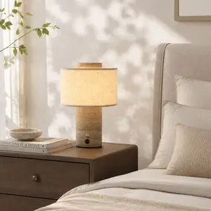 DEMILARE Modern Stone Table Lamp, Natural Travertine, Panda or Volakas Marble Base, Cordless Rechargeable Nightstand Light, 4000mAh Battery, 3-Color Temp Touch Dimmable, Aesthetic Decor, Cozy Living Room and Home Office,SummerWins,DealsForYouDays