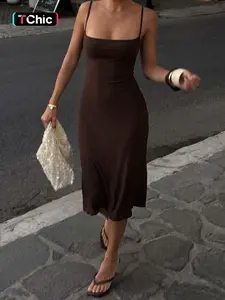 Women's Basic Solid Color Bodycon Slip Dress, Sleeveless Backless Spaghetti Straps Plain Slim Fit Midi Dress, Party Club Date Holiday Daily Casual Elegant Dresses For Ladies All Seasons Summer Fashion Clothes Wear