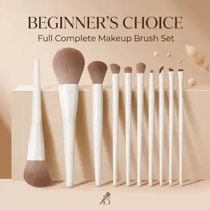 10 Pcs Essential Makeup Brush Set | Full Face Foundation, Blush & Eyeshadow Tool Kit | Beginner Friendly (Cream White)