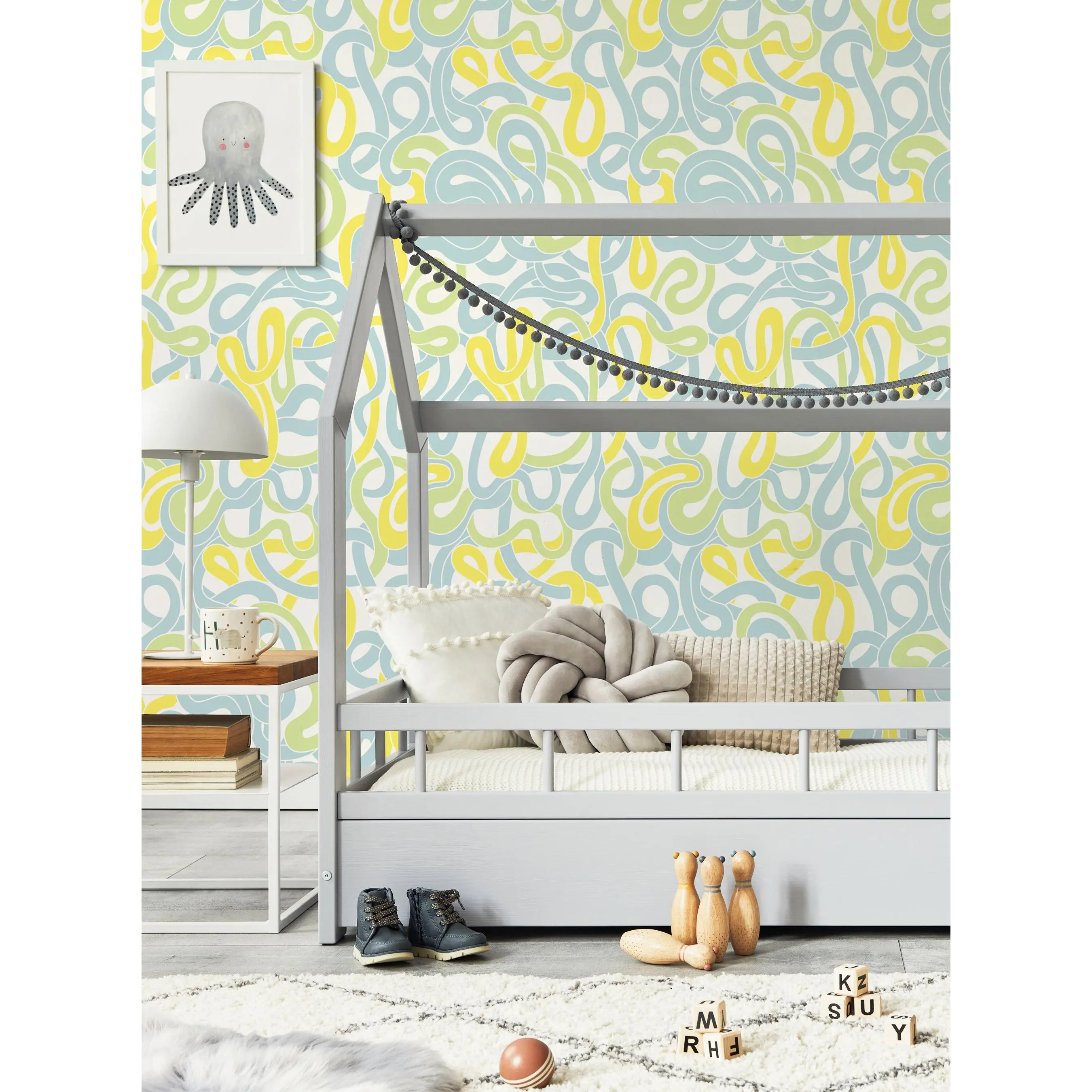 Kids Seamless String Polyester Peel-and-Stick Temporary Wallpaper - Renter-Friendly, Mess-Free, Seamless Installation for DIY Room Makeovers, Accent Wall Use with Silly, Groovy, Lively Designs