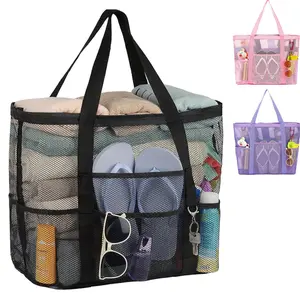 Foldable Large Capacity Beach Bag Net Bag - w/ Waterproof Phone Pouch & Side Pockets, Lightweight Breathable Nylon, Travel Essentials Bag (Beach Vacation Essential)