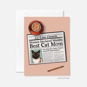 [Sale up to 50%] [Free Ship] World's Best Cat Mom Greeting, Siamese Cat Mothers Day Card, Funny Just Because Gift, Hand-drawn Art