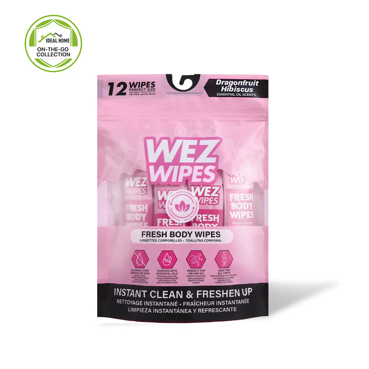 WEZ WIPES Dragonfruit Hibiscus Fresh Extra Large Body Wipes | 12 Alcohol-Free Biodegradable Body Cleansing Wipes with Essential Oil Scent | No Rinse Bath Wipes for Gym, Travel, Camping & On-the-Go