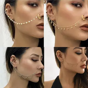 Punk Pearl Tassel Beaded Nose Ring with Chain to Ear Cuff Non Piercing Nose Hoop Dangle Chain for Women