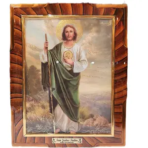 San Judas Tadeo Framed Religious Art 12"x10" Cuadro de San Judas El Santo de los Casos Dificiles for Home Decor with Wooden Frame and Golden Border