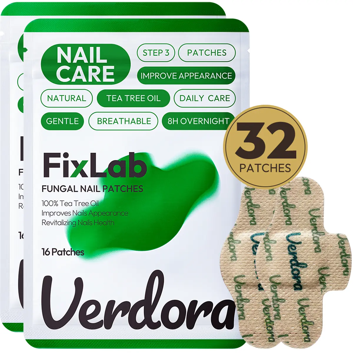 VERDORA FIXLAB Nail Patches with Tea Tree Oil 32 Pcs, Thick & Yellow Nail Treatment Extra Strength Overnight Nail Care, 8-Hour Moisturizing & Nourishing, for Healthy Appearance
