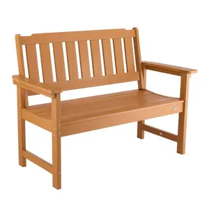 Outdoor Bench, 50.5 inch, 800 lbs Weight Capacity for 2-3 Persons, Weatherproof Plastic Frame with Backrest and Wide Armrests, Outside Bench for Patio, Garden, Park, Yard, Natural Wood Color