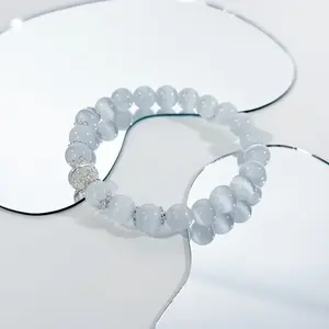 Women's Healing Bracelet - Adjustable Stretch White Cat's Eye Stone Bracelet - Healing Prayer Crystal Bracelet, 8mm Natural Stone Stress Relief Yoga Beads, Wish You Get Well Soon