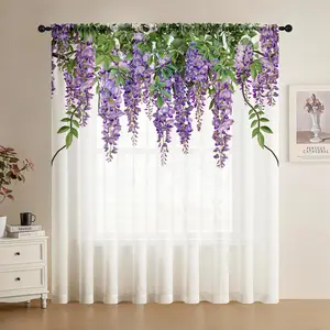 Digital Print Sheer Curtains with Wisteria Pattern, Easy to Hang Rod Pocket Design, with High Definition Printing, French Country Style Home Décor Window Curtain for Living Room, Bedroom, Dining Room & Office