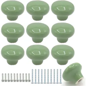 10 Pack 1.26Inch(32mm) Green Round Ceramic Cabinet Knobs Drawer Dresser Pull Handles with Screws for Kitchen Cupboards Wardrobes Children's Room Bedroom Furniture Office Desks