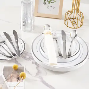 50/100 Guest Disposable Dinnerware Set – Elegant Silver & Gold Options, 350/700 PC Heavy Duty Party Tableware for Weddings, Events & Outdoor Camping