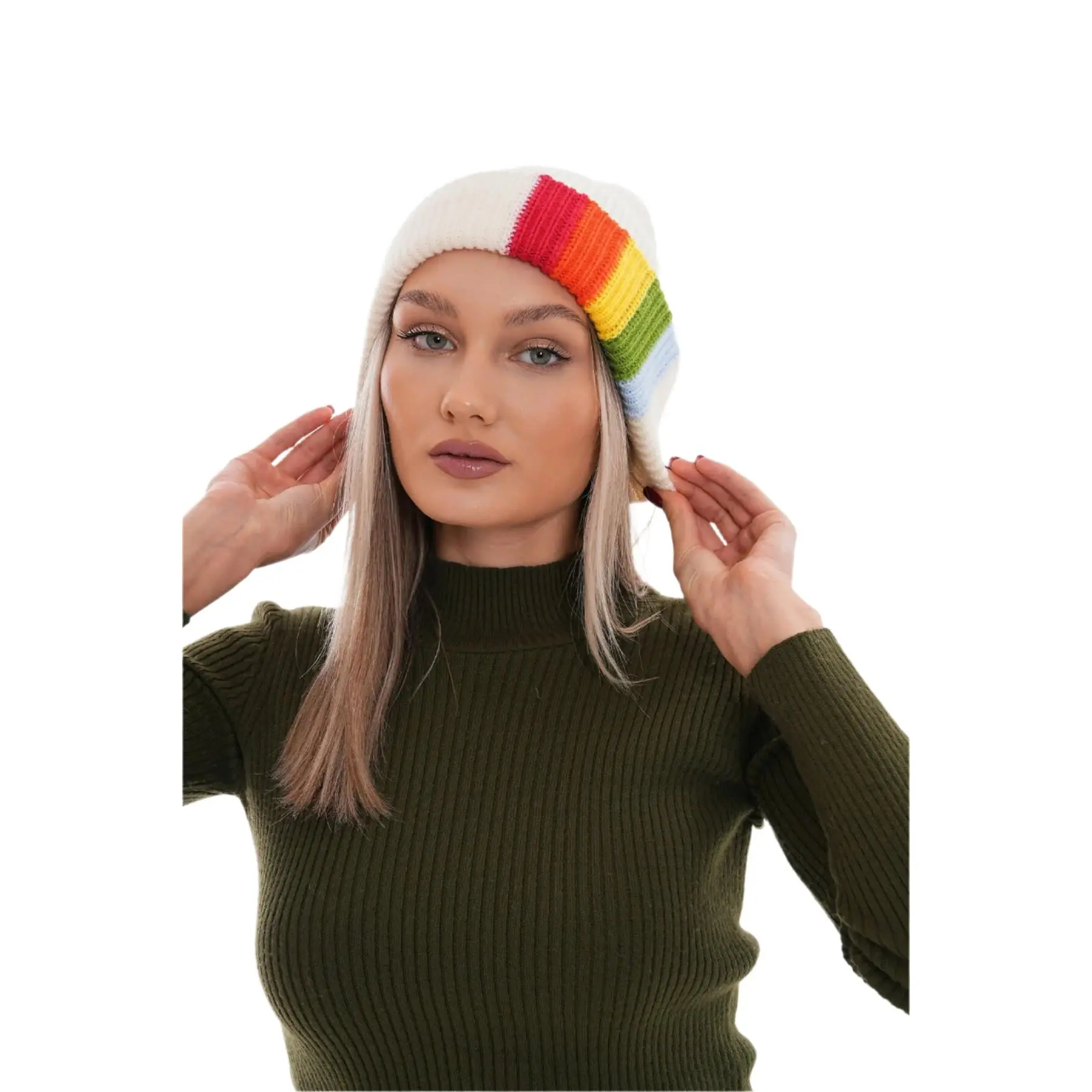 Women's Colorful Beanie With Pompom, in Rainbow Colors, Fun Winter Accessory For Her or Him