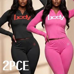 VVZ 2026 Women's Two-Piece Set,  Hooded Graphic Print Zipper Jacket and Pants Set, Casual Tight-Fit Daily Wear, Fashionable Ladies Clothing