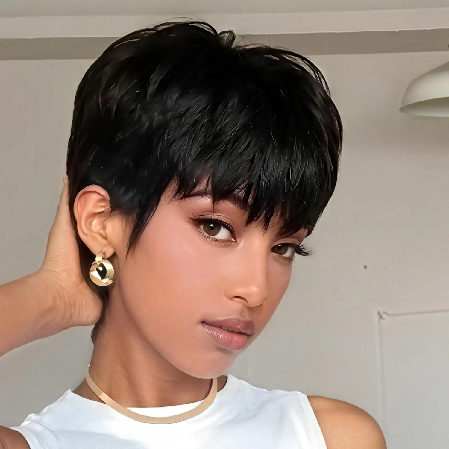 ShowReal 036 Four Inch Short Pixie Cut Wigs Short Straight Brazilian Human Hair Wigs With Bangs Ready To Go Natural Black Burgundy Color Full Machine Made Wig