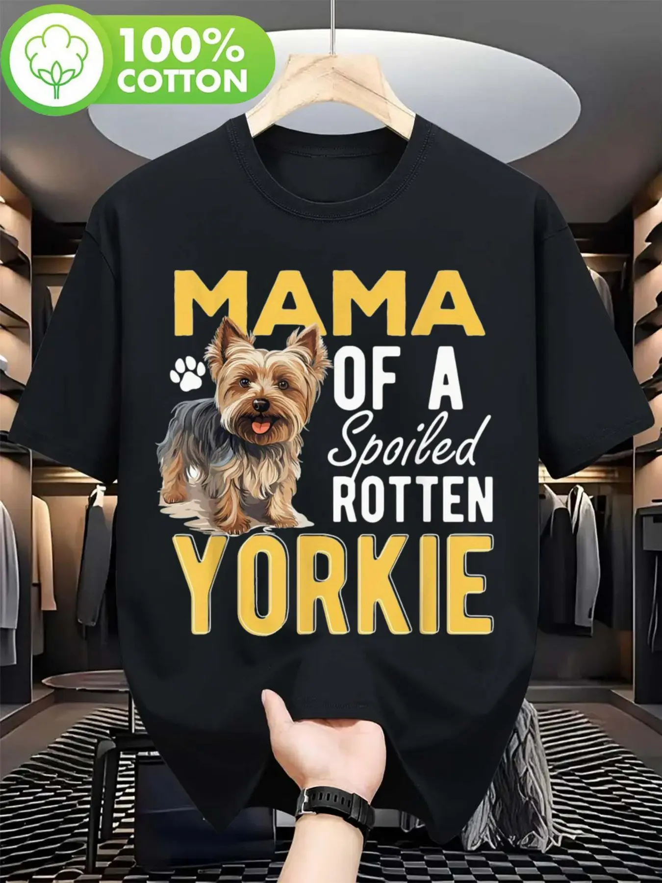 S Yorkie Mama Of A Spoiled Rotten Yorkie T-Shirt| Black With Yellow Lettering, Heavyweight 180Gsm, Up To Xl-2Xl, Funny Pet Parent Gift For Yorkshire Terrier Owners, Casual And Outdoor Wear, Playful Graphic