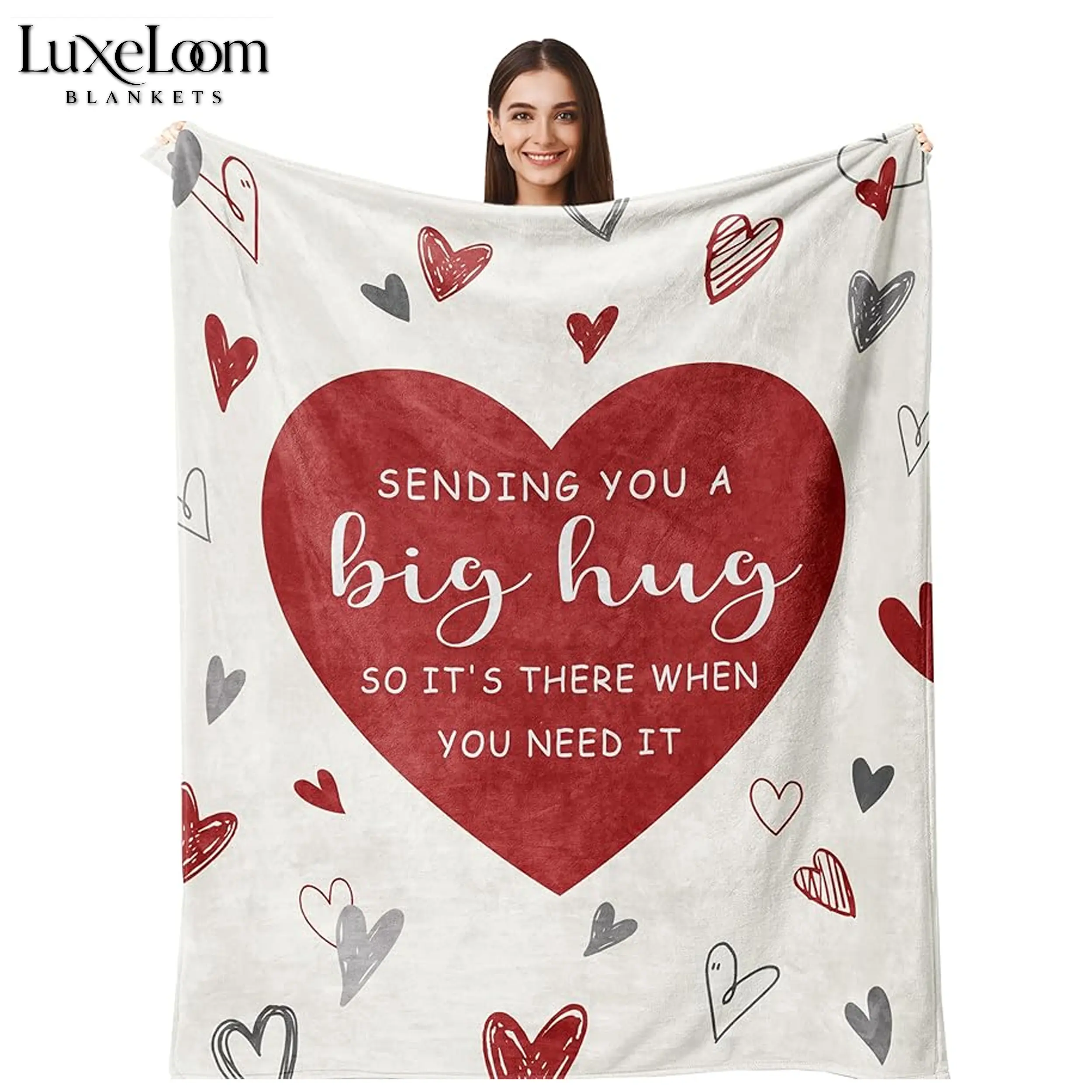 Cute Heart Blanket | Valentines Red White Sherpa | "Sending A Big Hug" Quote | Aesthetic Room Decor | Birthday Present for Best Friend | Soft Fuzzy Throw