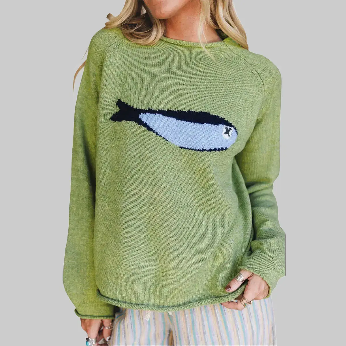 Meadow Mist Green Unique Fish Knit Oversized Round Neck Sweater, 52% Viscose 26% Polyester 22% Polyamide Soft Stretch Knit Pullover, All Season Fall Winter Casual Loose Long Sleeve Top, Vintage Y2K Daily Street Layering Knitwear Suitable For Curvy Women