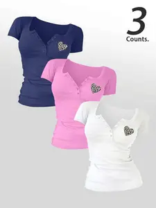 Hearts Women's  Buttons 3 Pieces  V Neck Tee, Casual Women's Short-Sleeve T-shirt For Summer, Ladies Basic Clothes for Daily Wear, TikTok Trending T-shirt Women Top, Womenswear