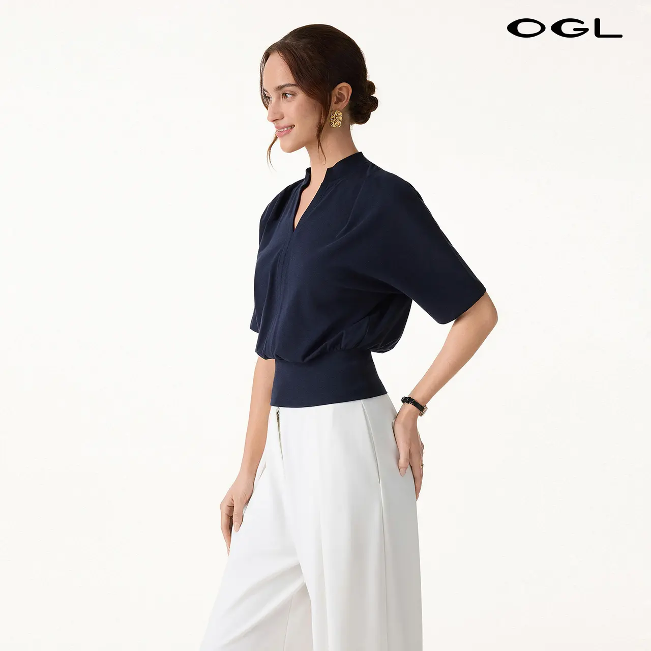 OGL Stand Collar V-Neck Short Sleeve Top , Womenswear, Tshirt，summerwins Smooth Silky t shirts women TikTokShopSummerSale