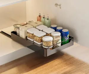 GARVEE Telescopic drawer, expandable, pull-out drawer storage shelves for kitchen cabinets, with adhesive foil, pull-out drawer, 43 x 30 x 7 cm, black