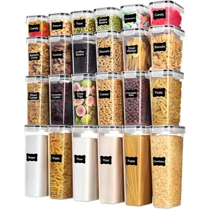 Airtight Plastic Food Storage Container Set, 24-Piece BPA-Free Kitchen Pantry Organization Canisters with Lids, Labels (Black) for Cereal, Dry Food, Flour, Sugar