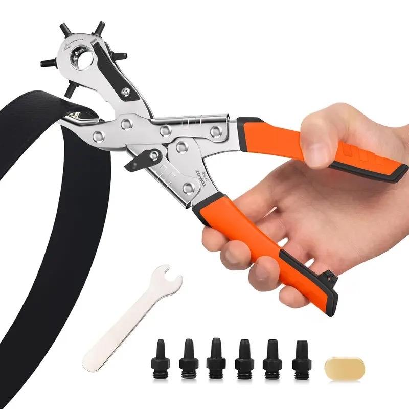 Labor-Saving Multifunctional Leather Punching Pliers, Heavy Duty Revolving Hole Punch Tool with Non-Slip Handle for Belts, Watch Straps, Dog Collars, Crafts & Office Use