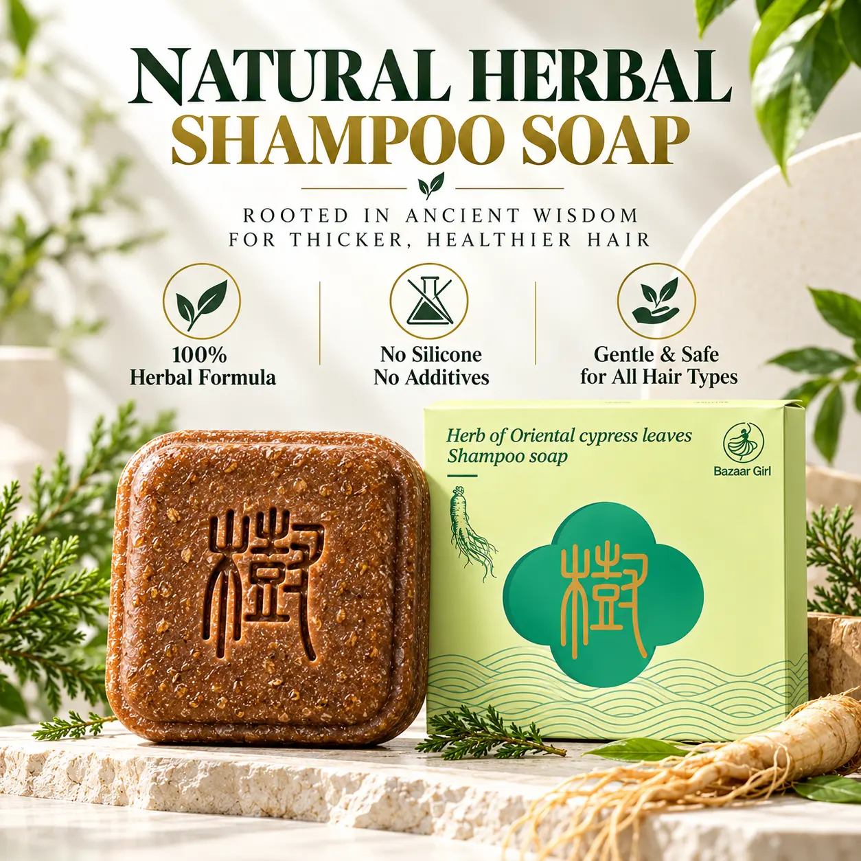 [Buy 1 Get 1 Free] Herbal Anti-Hair Loss Shampoo Bar with Fo-Ti, Ginseng, Soap Pod & Cypress Oil – DHT Blocker, Prevents Hair Loss, Repairs Hair Follicles, Promotes Fast Hair Regrowth, Strengthens Hair Roots, Scalp Cleansing & Conditioning for Men & Women