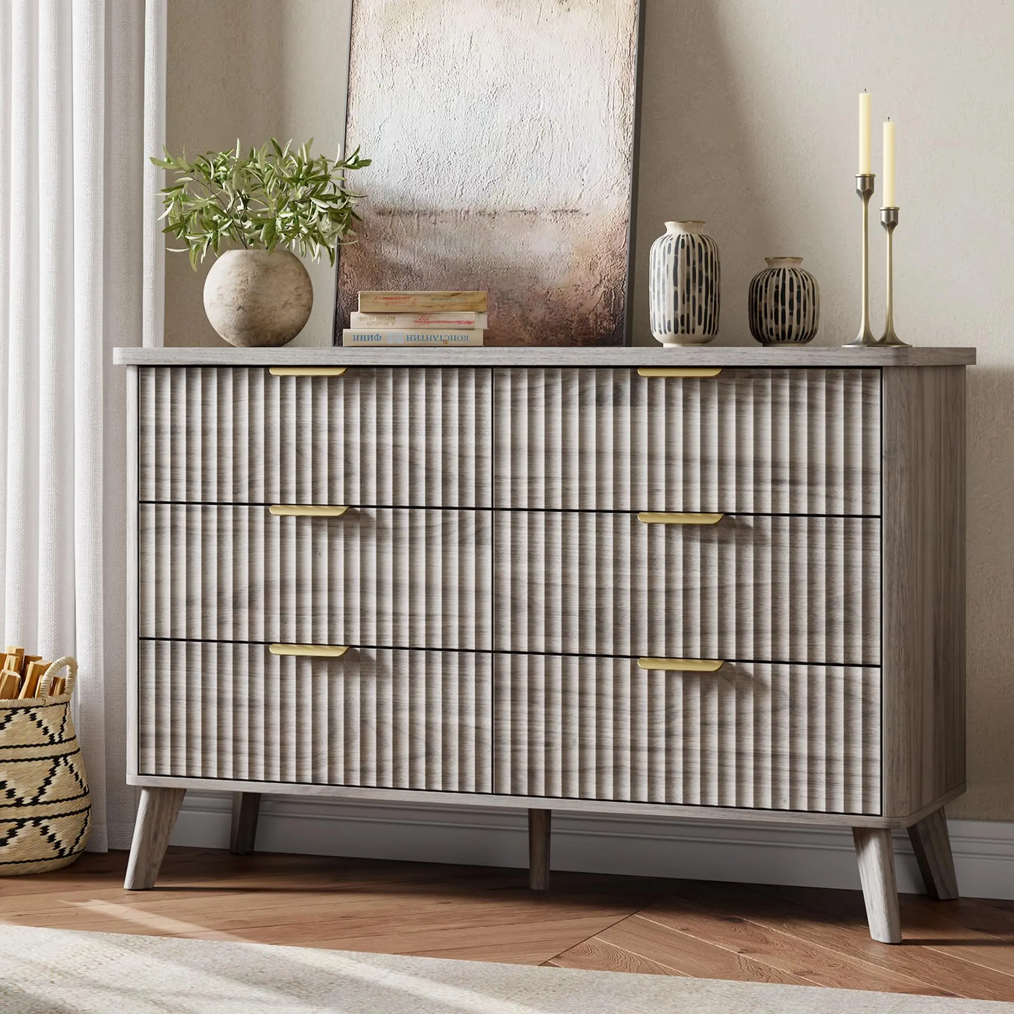 Garvee Fluted Wooden Dresser with 6 Deep Drawers, 47.2 in Wide Modern Chest of Drawers Featuring Curved Profile Design, Versatile for Bedroom, Living Room, Hallway, and More, Grey Finish