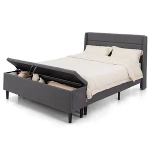Queen Bed Frame with Ottoman Storage, Linen Upholstered Platform Bed Frame with  Headboard & 4 Middle Support Legs, Solid Wood Slat Support, No Box Spring Needed, Grey